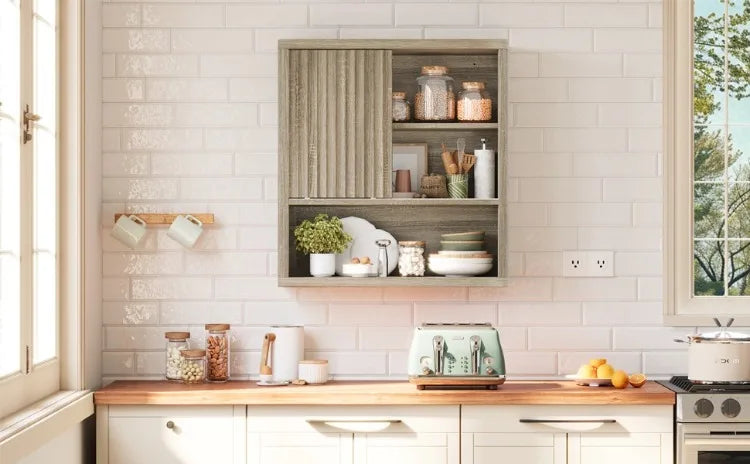 Armario de pared de roble original para baño, dormitorio, cocina, con puerta corredera, 3 niveles, estante flotante de madera montado en la pared