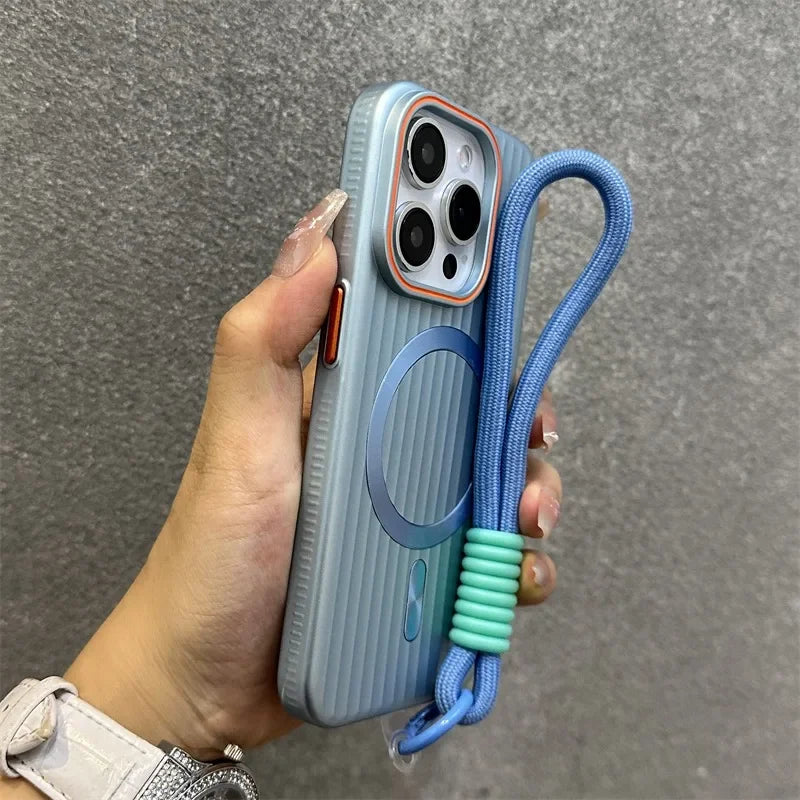 Funda Magnética Delgada Mate con Rayas para iPhone 16 15 ProMax 14 13 12 Pro Max 16 Plus, Antigolpes, Compatible con Magsafe, con Cordón