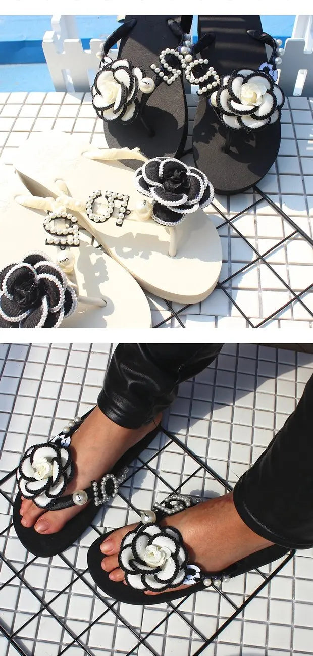 Sandalias Hechas a Mano con Suela Plana Antideslizante, Decoradas con Perlas, con Diseño de Flor de Camelia, Chanclas de Play...