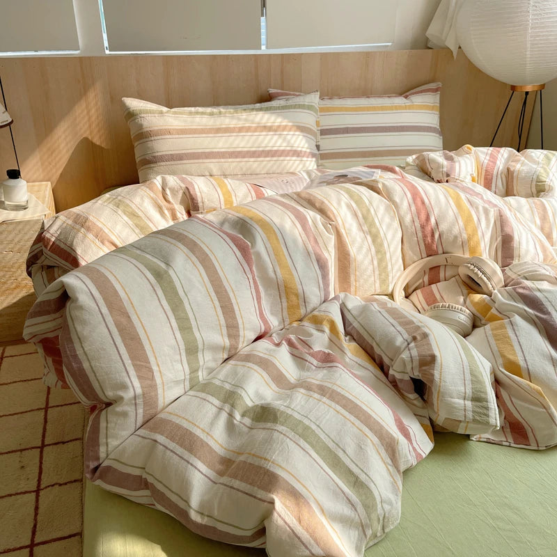 Juego de cama suave de algodón 100%, funda nórdica con estampado de rayas y funda de almohada, ropa de cama, colcha, fundas de almohada, juegos de edredón