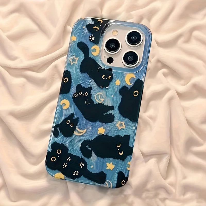 Funda de teléfono para iPhone 17 Pro Max 16E 16 15 14 13 12 11 XS X XR 7 8 Plus SE2 Air Moon Stars y gatos negros diseño funda de silicona