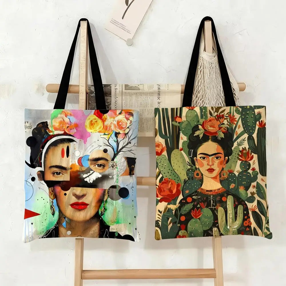 Bolsos de Almacenamiento Art F-Frida Kahlo, Bolso Tote de Lona con Estampado a Doble Cara, Bolso de Hombro de Gran Capacidad para Mujer