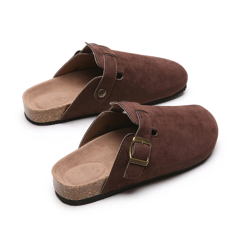 Sandalias de medio arrastre, zuecos para mujer, zapatillas de gamuza de corcho a la moda, zapatillas clásicas antideslizantes de corcho para exteriores con arco
