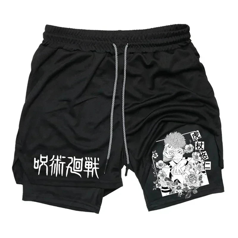 Pantalones cortos deportivos para hombre Jujutsu Kaisen Anime Graphic 2 en 1 pantalones cortos de compresión para hombre pantalones cortos de rendimiento de gimnasio de secado rápido atléticos