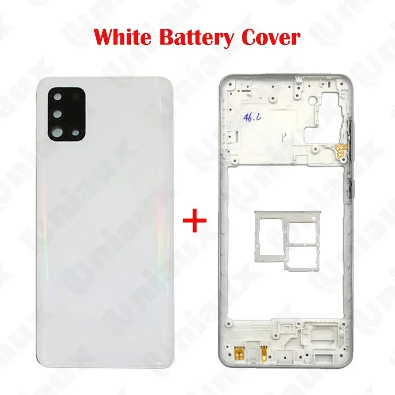 Para Samsung Galaxy A31 A315F A315G A315N A315 carcasa completa marco medio A31 cubierta trasera de batería puerta trasera con reemplazo adhesivo