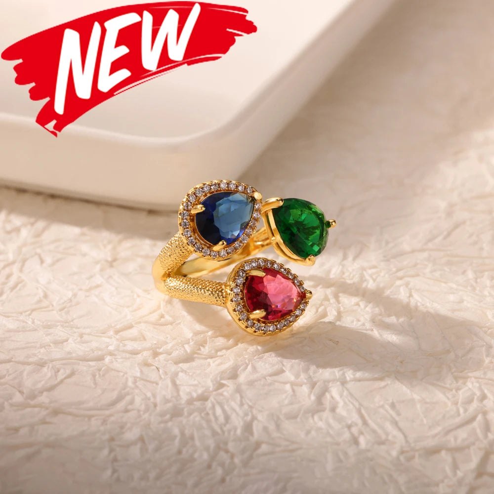 Anillos de acero inoxidable de lujo chapados en oro, piedra colorida, anillo de corazón de cristal de circón para mujer, joyería Bohemia de boda, regalo de Navidad