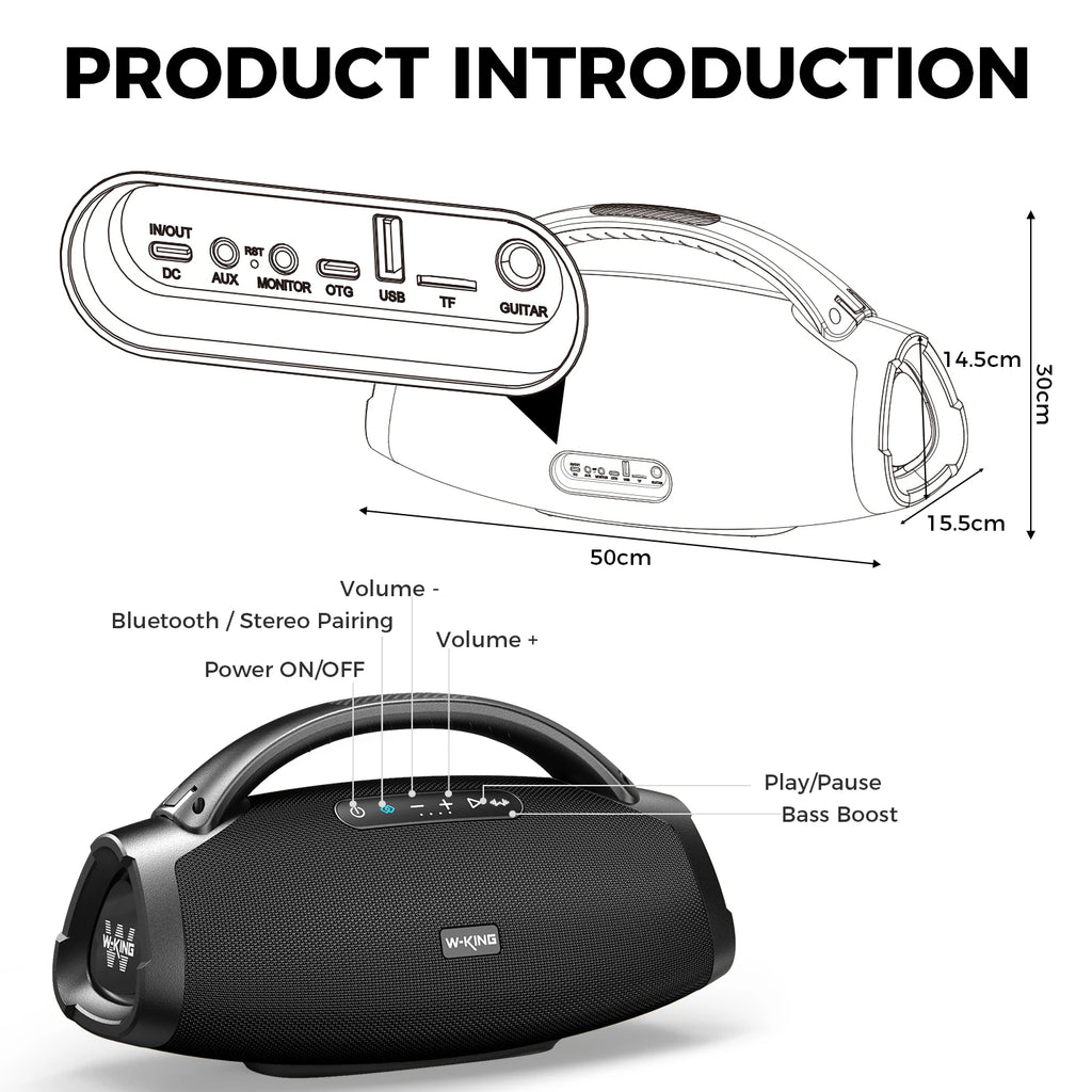 Altavoz Bluetooth W-KING X20 de 200W RMS, Gran Altavoz Portátil para Exteriores, 5 Unidades/3 Vías/Subwoofer de 7.5 Pulgadas/Aplicación Personalizada, Bajos Potentes/Entrada para Guitarra
