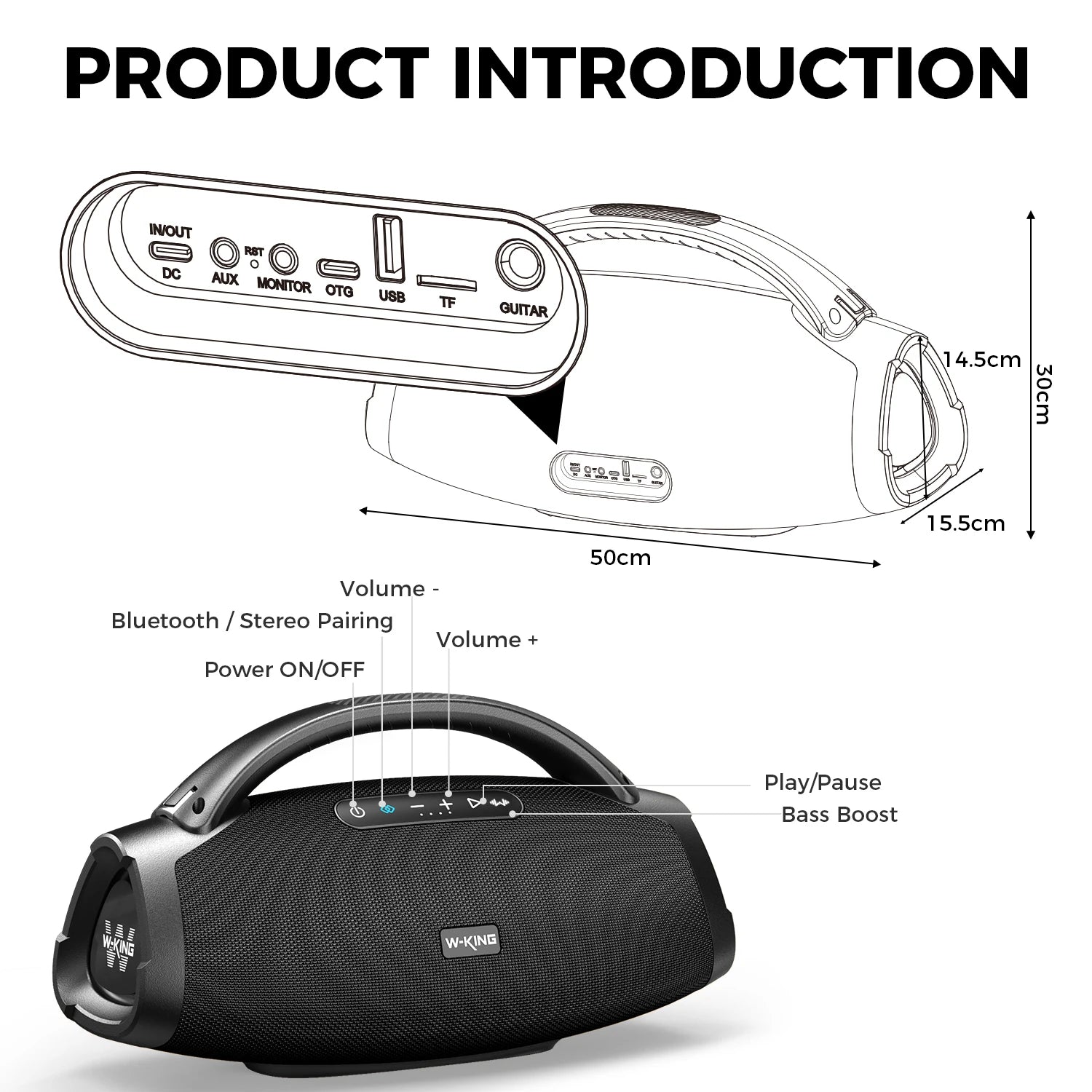 Altavoz Bluetooth W-KING X20 de 200W RMS, Gran Altavoz Portátil para Exteriores, 5 Unidades/3 Vías/Subwoofer de 7.5 Pulgadas/Aplicación Personalizada, Bajos Potentes/Entrada para Guitarra