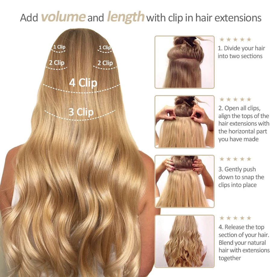 Extensión de cabello humano con Clip, extensiones de cabello humano Remy Natural de doble trama, extensiones de cabello brasileño con Clip