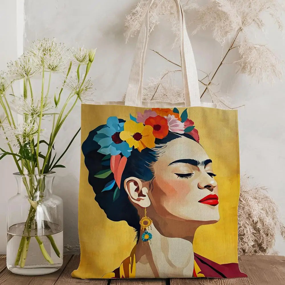 Bolsos de Almacenamiento Art F-Frida Kahlo, Bolso Tote de Lona con Estampado a Doble Cara, Bolso de Hombro de Gran Capacidad para Mujer