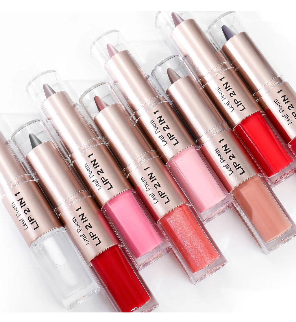 Delineador de labios cónico negro y marrón, lápiz de contorno, espejo de doble cabeza, brillo de labios de cristal, maquillaje de tinte de labios rojos sexis