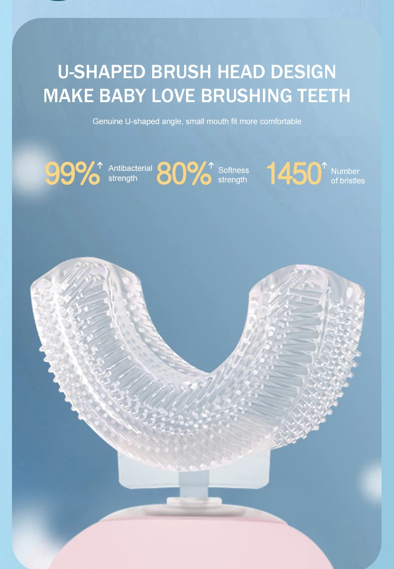 Cepillo de dientes eléctrico en forma de U para niños, cepillo de dientes sónico recargable automático de 360 grados con dibujos animados inteligentes para niños