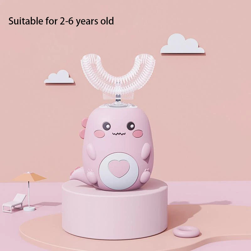 Cepillo de dientes eléctrico en forma de U para niños, cepillo de dientes sónico recargable automático de 360 grados con dibujos animados inteligentes para niños