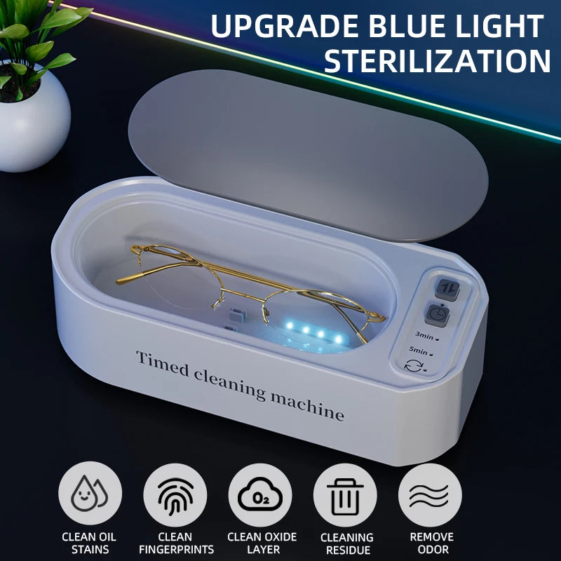 Limpiador Ultrasónico de 3 Velocidades con Luz Azul Antibacteriana de Alta Frecuencia para Joyería, Anillos, Gafas y Brochas de Maquillaje 2026