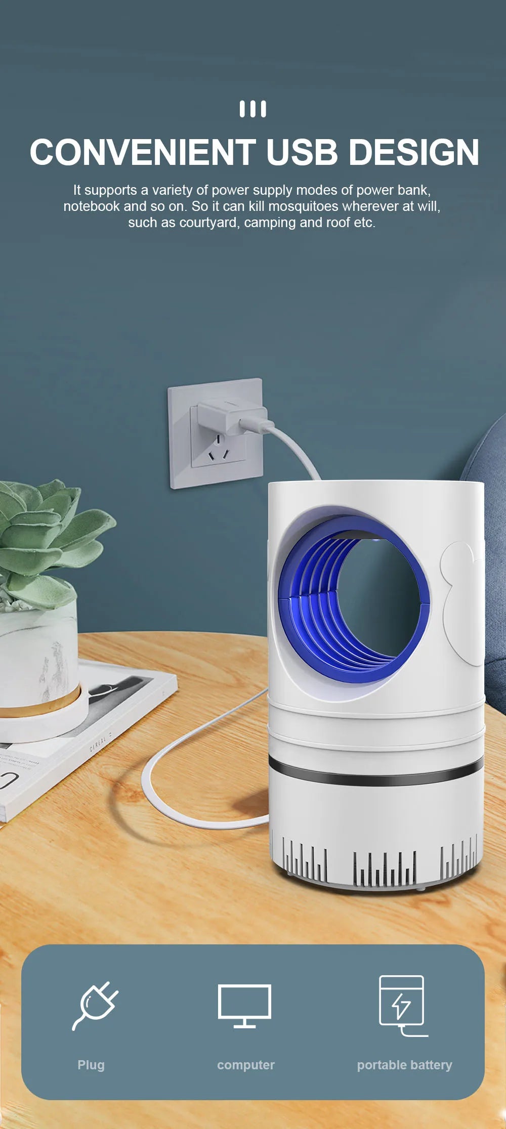 1 unidad de matamoscas eléctrico, trampa de luz LED, lámpara de Control de plagas pequeñas con fuente de alimentación USB y adaptador