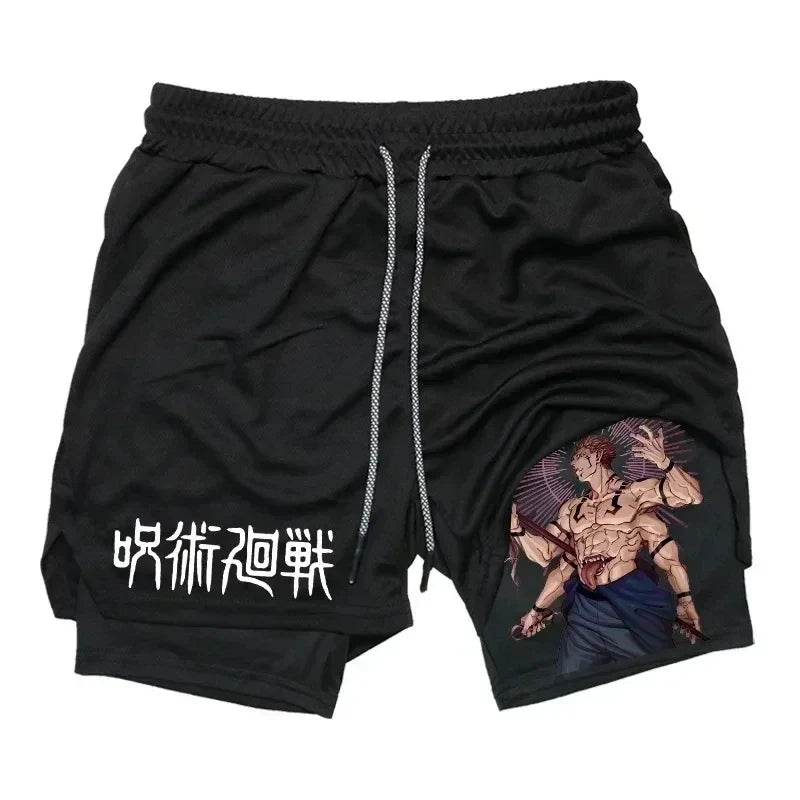 Pantalones cortos deportivos para hombre Jujutsu Kaisen Anime Graphic 2 en 1 pantalones cortos de compresión para hombre pantalones cortos de rendimiento de gimnasio de secado rápido atléticos