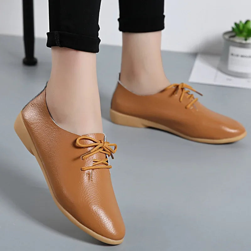 Mocasines de piel auténtica para mujer, zapatos informales, calzado suave con punta estrecha, zapatos planos de verano