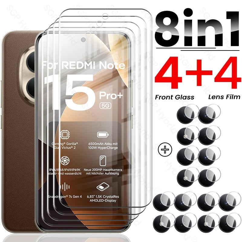 Redmy Note15Pro + 5G vidrio 8To1 9D vidrio templado curvo para Redmi Note 15 Pro + Pro Plus Note15 5G película protectora de pantalla de cámara