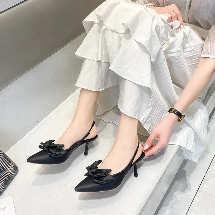 Zapatos cómodos para mujer, sandalias con tacones de aguja, pajarita, traje de verano para mujer, color morado, talla grande, nuevas niñas, puntiagudos bajos, altos, negros grandes