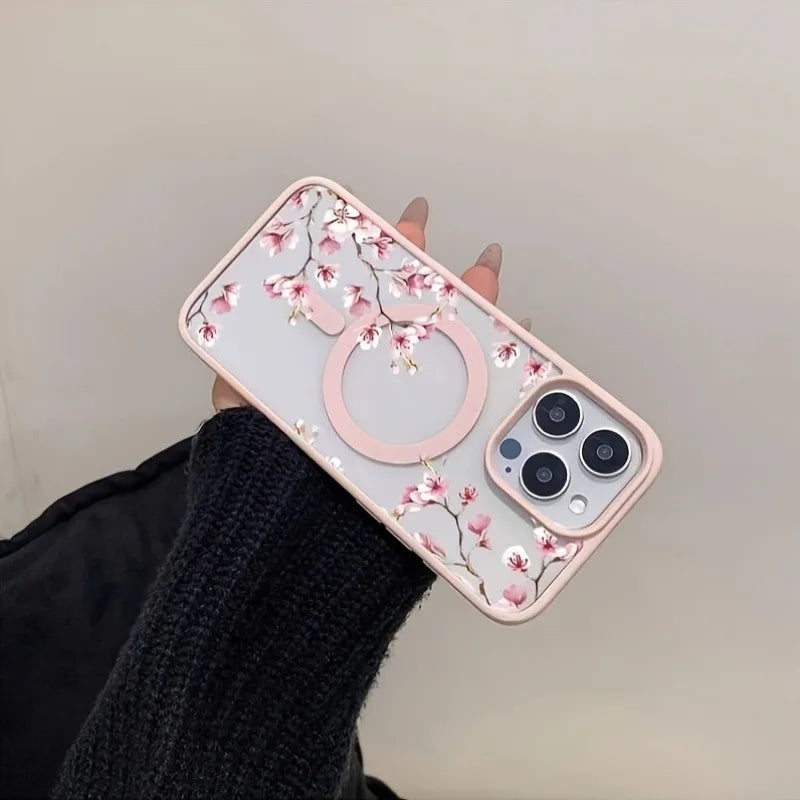 Funda de teléfono magnética con diseño de fondo Floral elegante de cereza rosa para iPhone 17 16 15 14 13 12 Pro Max 11 16 Plus 16E 17Air