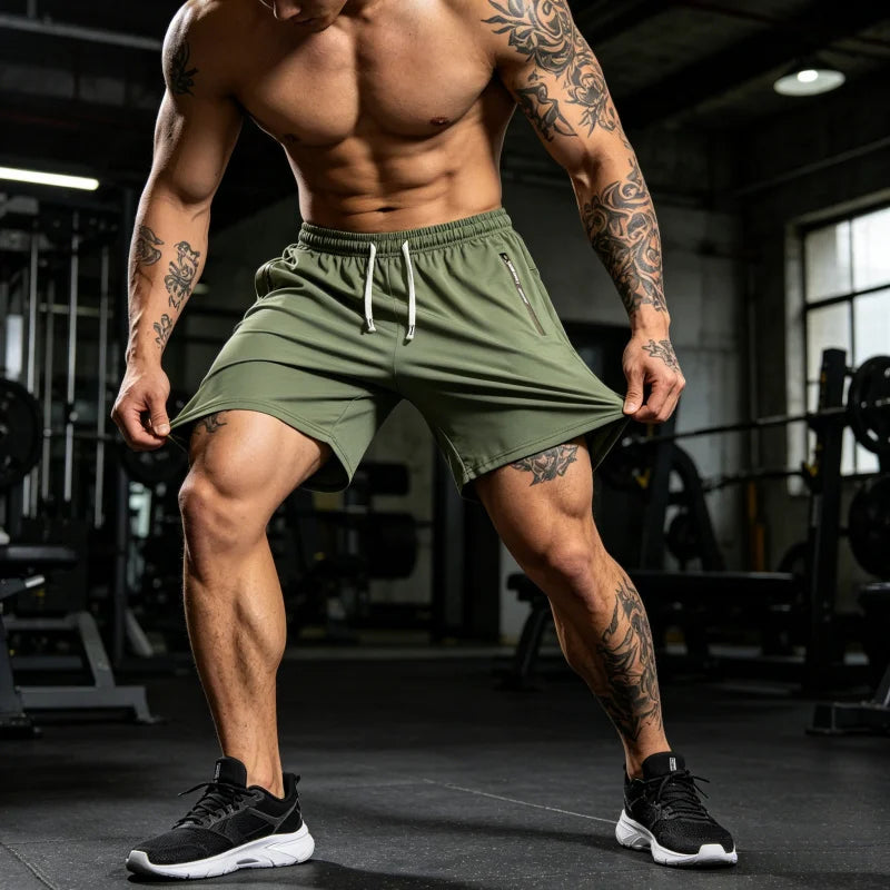 Pantalones cortos de verano para hombre, de color liso, deportivos y casuales, cintura elástica con cordón, bolsillos laterales con cremallera, corte holgado, tela de alta elasticidad