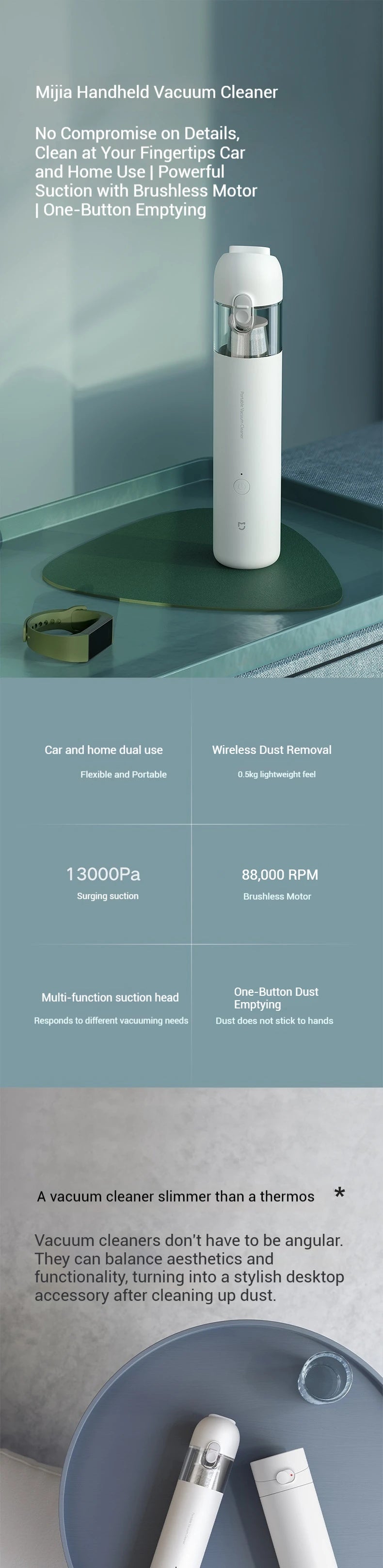 Aspiradora Xiaomi Mi Mini, 13000Pa, Inalámbrica Portátil, Arranque con un Botón, Motor sin Escobillas de 88000 RPM con Múltiples Boquillas para Auto