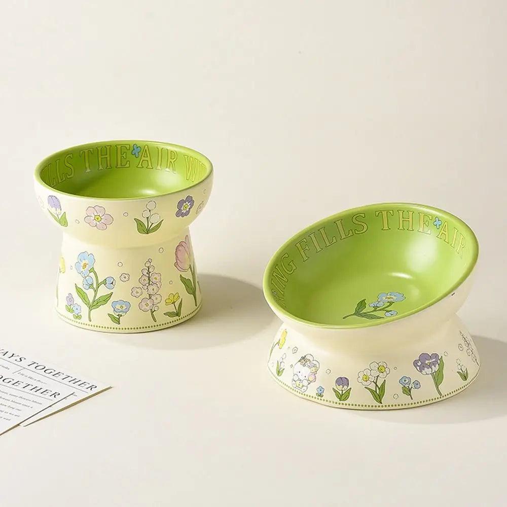 Tazón de cerámica verde duradero para gatos, tazón antideslizante con diseño de conejo y flores, tazón elevado diagonal para beber y alimentar.