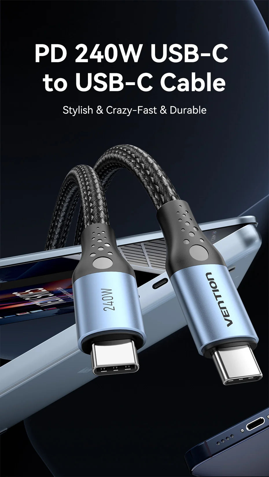 Cable Vention de 240W Tipo C a Tipo C PD3.1, Cable de Carga Rápida USB C a C para Transferencia de Datos, Compatible con MacBook, iPhone 17, 16, 15, Samsung S24, S25, Xiaomi 17