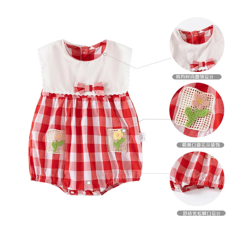 ZOETOPKID-Body para bebé de 0 a 24 meses, ropa sin mangas a cuadros con bordado Floral, de una pieza, para verano