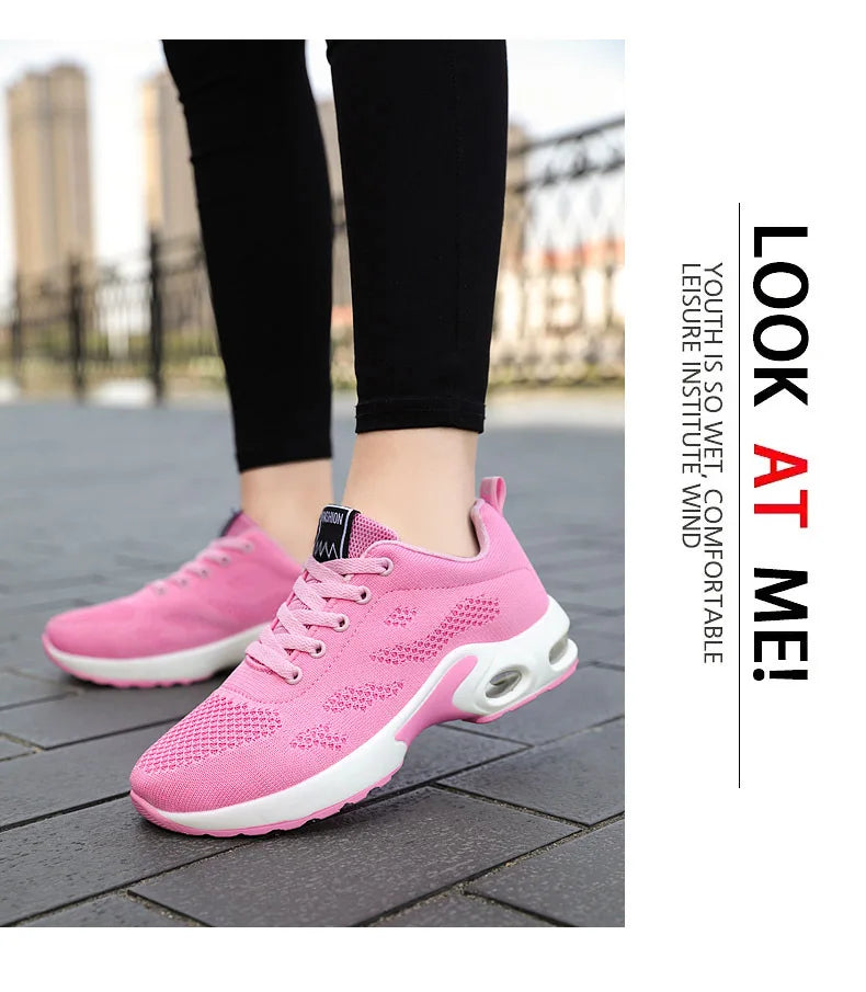 Zapatos deportivos transpirables con amortiguación de aire para mujer, zapatillas informales con cordones cruzados y tacón plano con punta redonda de estilo coreano