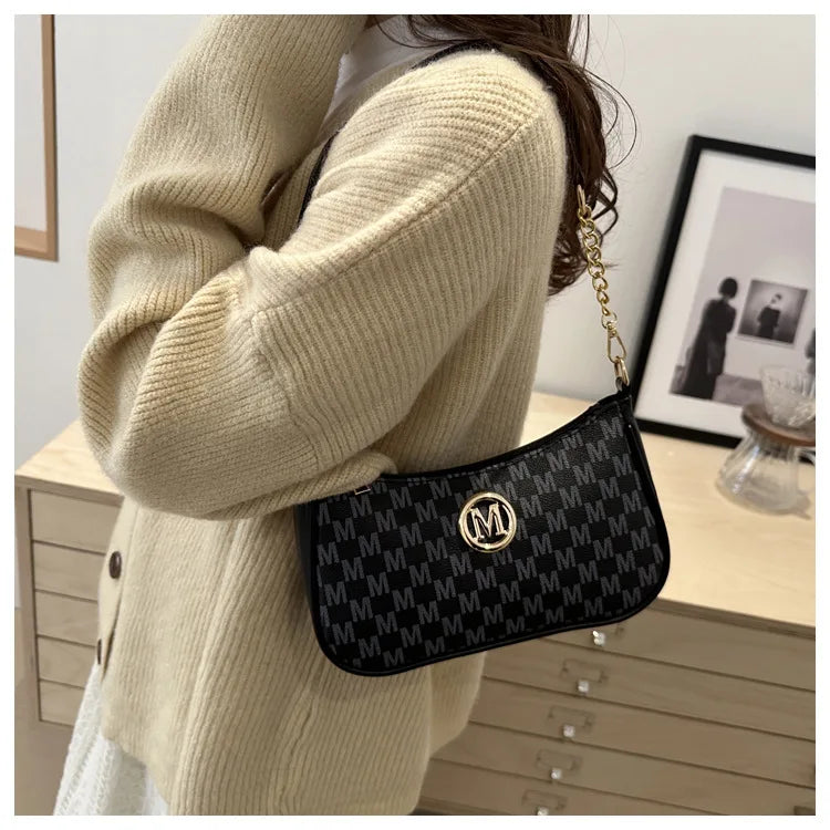 Bolso retro francés para axila, bolso de un hombro con estampado de letras y cadena cuadrada cruzada diagonal para mujer