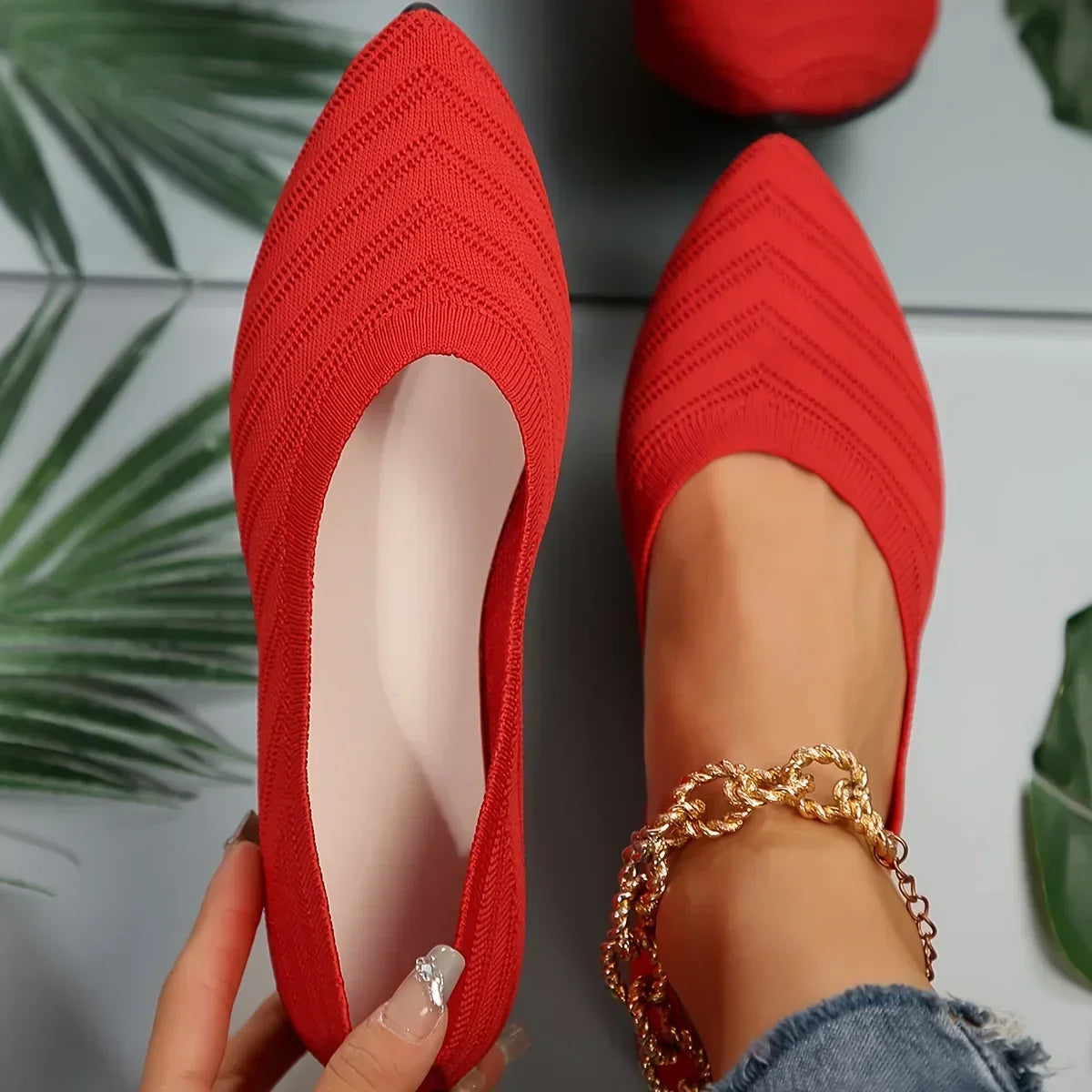 Zapatos planos con punta estrecha para mujer, zapatos sin cordones tejidos de Color sólido, bailarinas informales transpirables, zapatos planos para mujer, mocasines para mujer