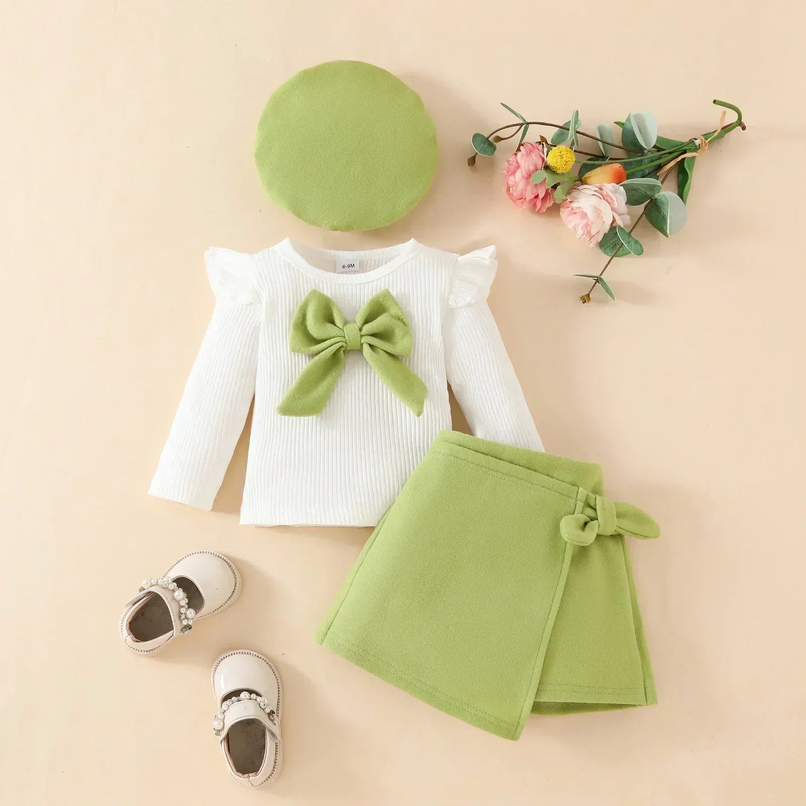 Conjunto de ropa de Año Nuevo para niñas de 0 a 3 años, Top de manga larga con lazo grande, falda Irregular y boina, ropa de Navidad para niños pequeños de 3 uds.
