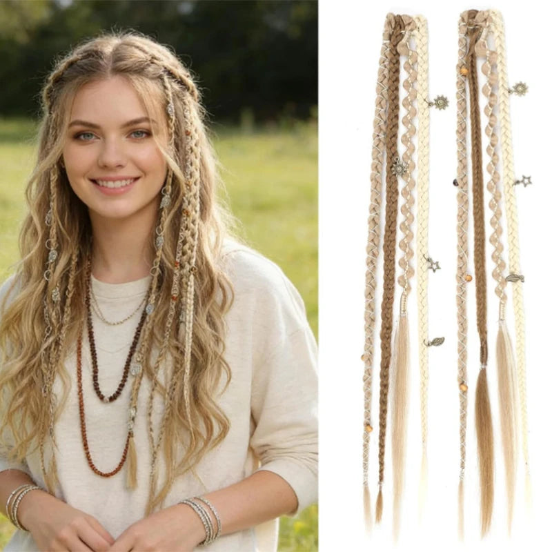 Peluca con 4 trenzas pequeñas y extensiones de cabello para mujer, combinada con trenzas sintéticas estilo bohemio con clip BB.