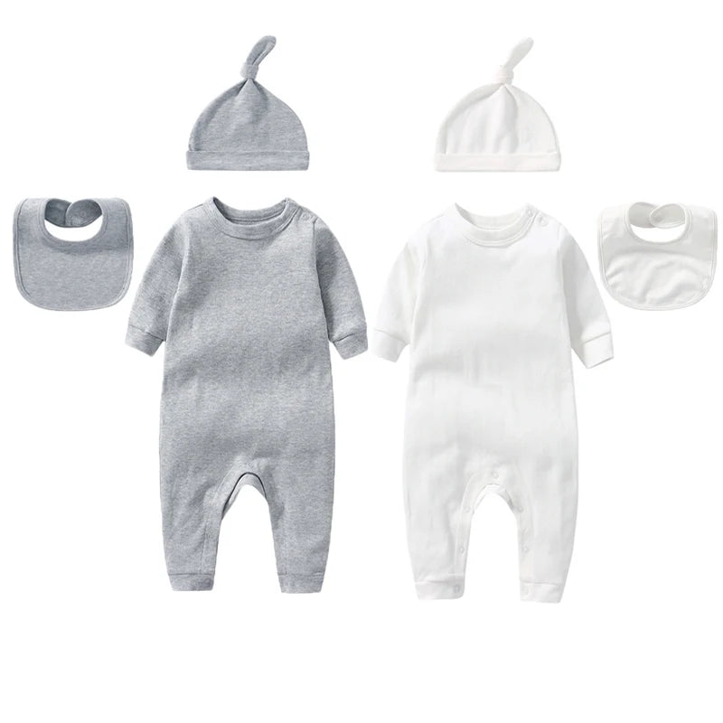 Conjuntos de 3 uds para bebé recién nacido, ropa para niño y niña de 0 a 3 meses, mono 100% de algodón, sombrero, babero, monos de manga larga de Color sólido, trajes infantiles