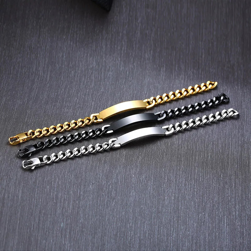 Pulsera de acero inoxidable con identificación de cadena para hombre, brazalete personalizado de Color plateado, barra personalizada con nombres, iniciales, fecha, joyería masculina
