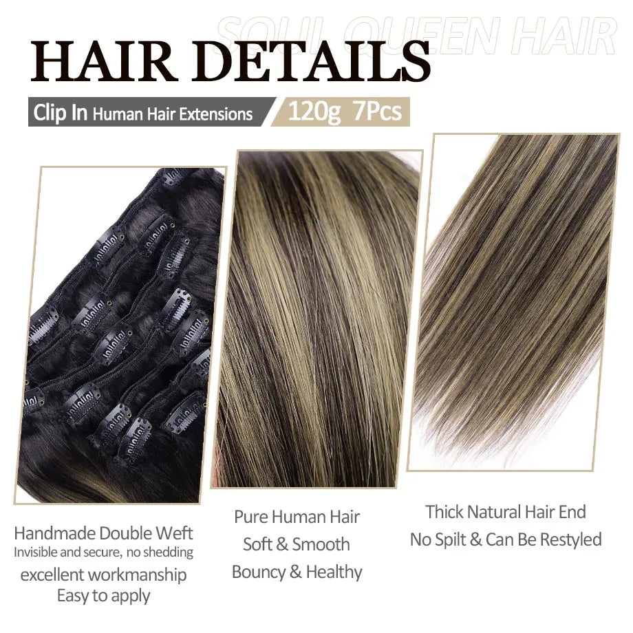Extensión de cabello humano con Clip, extensiones de cabello humano Remy Natural de doble trama, extensiones de cabello brasileño con Clip