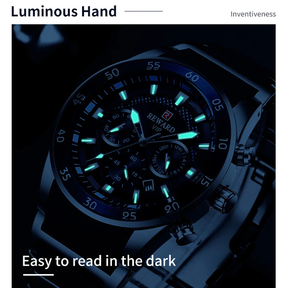 REWARD Relojes para hombre con esfera grande, marca de lujo, reloj deportivo resistente al agua, cronógrafo para hombre, reloj de cuarzo, relojes de pulsera con fecha automática
