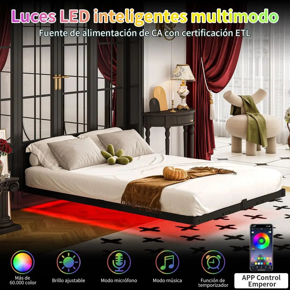 ESPACIO Base de Cama Matrimonial Flotante, Base de Cama LED con Estación de Carga, con Láminas de Acero de Alta Resistencia, No Requiere