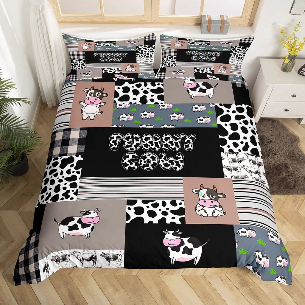 Juego de funda nórdica con estampado de vaca, edredón de poliéster con dibujos de animales, vaca, garabatos, granja, tamaño doble, Queen y King