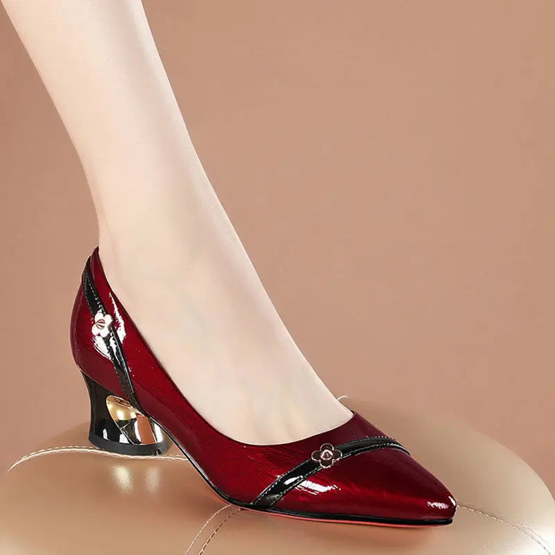 Zapatos de tacón medio grueso de cuero suave para primavera y otoño para mujer, zapatos profesionales con punta estrecha y boca poco profunda