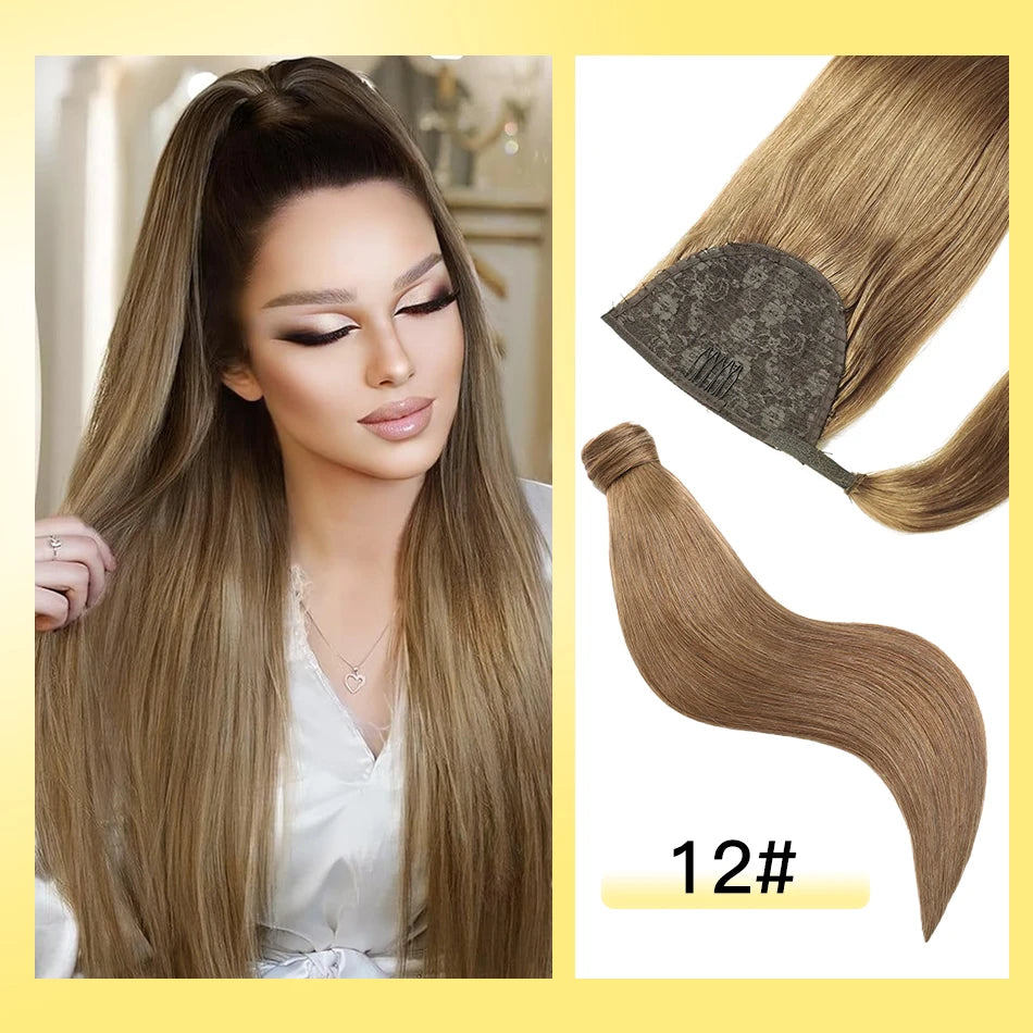 Cola de Caballo de cabello humano Yelo, Clip envolvente en pieza de cabello, extensión de cola de caballo, cabello humano liso con pasta mágica