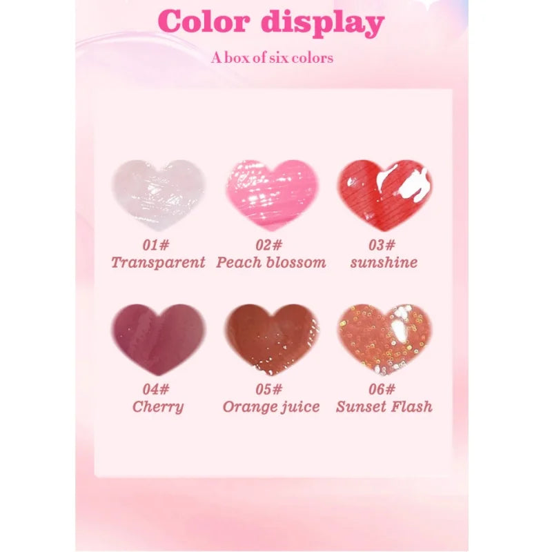 Juego de 6 piezas de brillo de labios con espejo de cristal, bálsamo labial ligero hidratante, brillo brillante, tinte transparente, melocotón, cereza, rosa