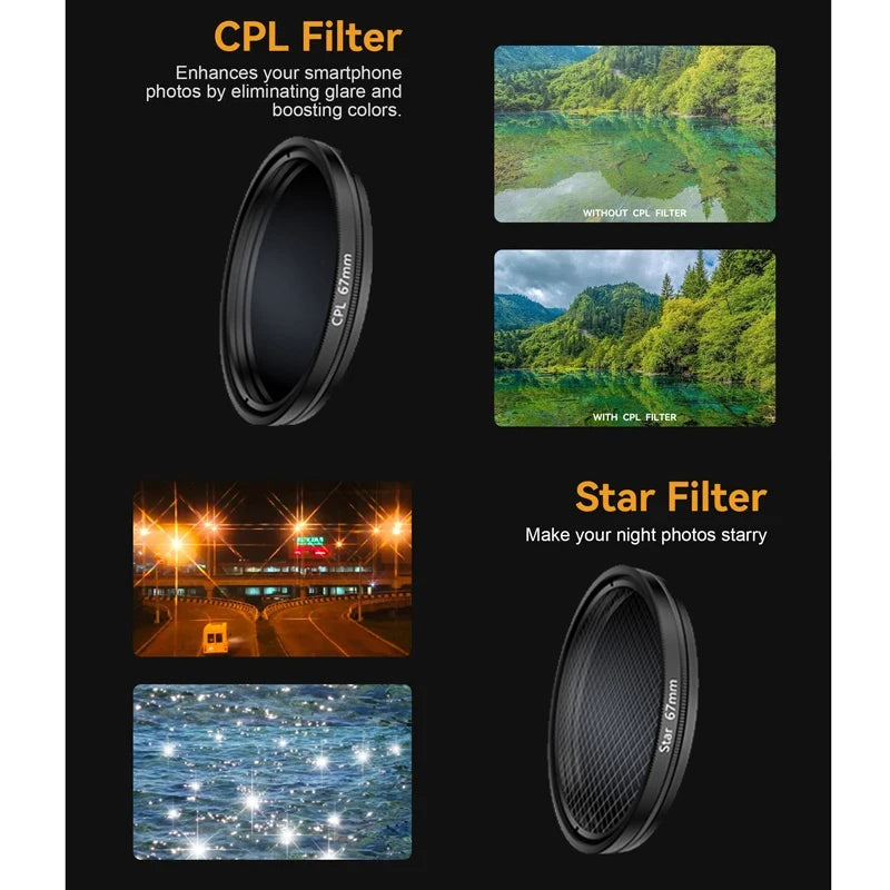 Juego de filtros de 67 mm Lente de teléfono Incluye filtro ND variable CPL Star Negro Suave con clip de metal para teléfonos inteligentes iPhone Teléfono móvil