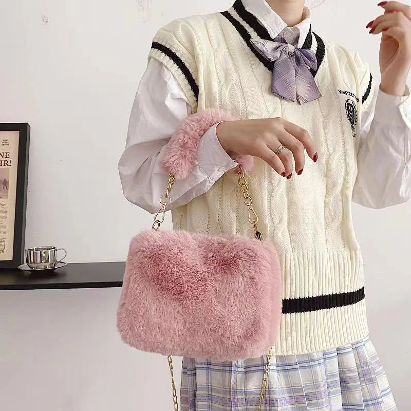 Bolso de mano de piel sintética de felpa para otoño e invierno, bandolera pequeña con cadena cuadrada, bolso de compras cálido y esponjoso a la moda