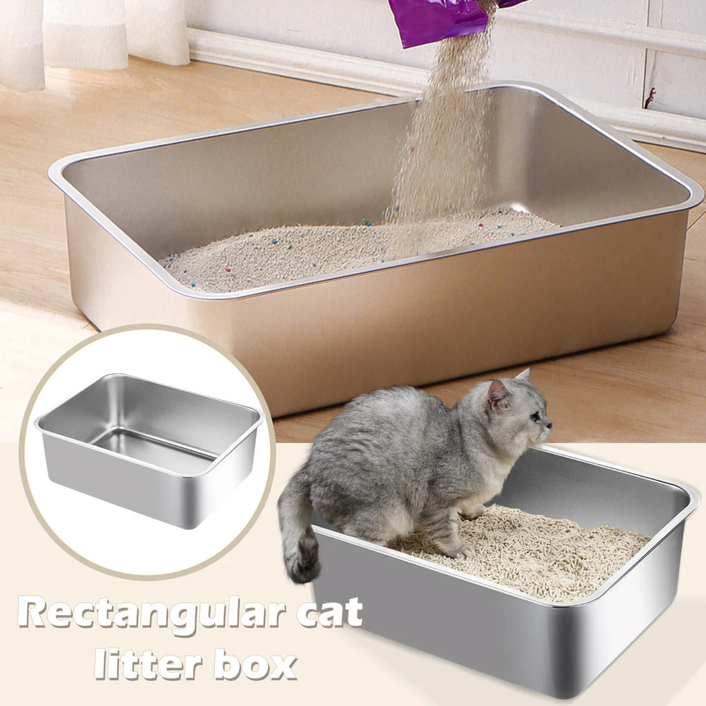 Caja de arena para gatos de acero inoxidable 304, bandeja de arena grande de acero inoxidable para interiores, sartén de Metal de alta cara para gatos, suministros de limpieza para gatos