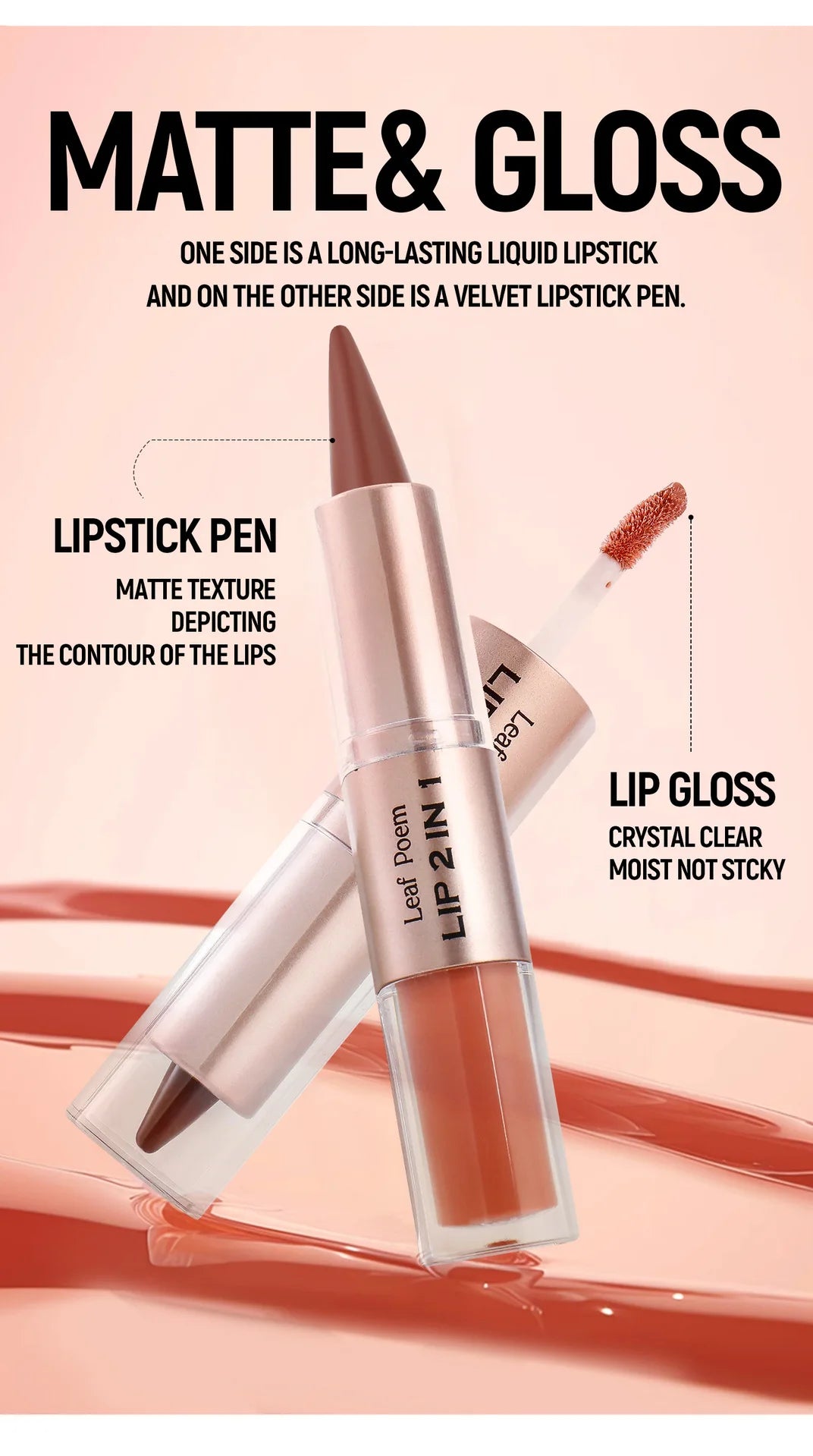 Delineador de labios cónico negro y marrón, lápiz de contorno, espejo de doble cabeza, brillo de labios de cristal, maquillaje de tinte de labios rojos sexis