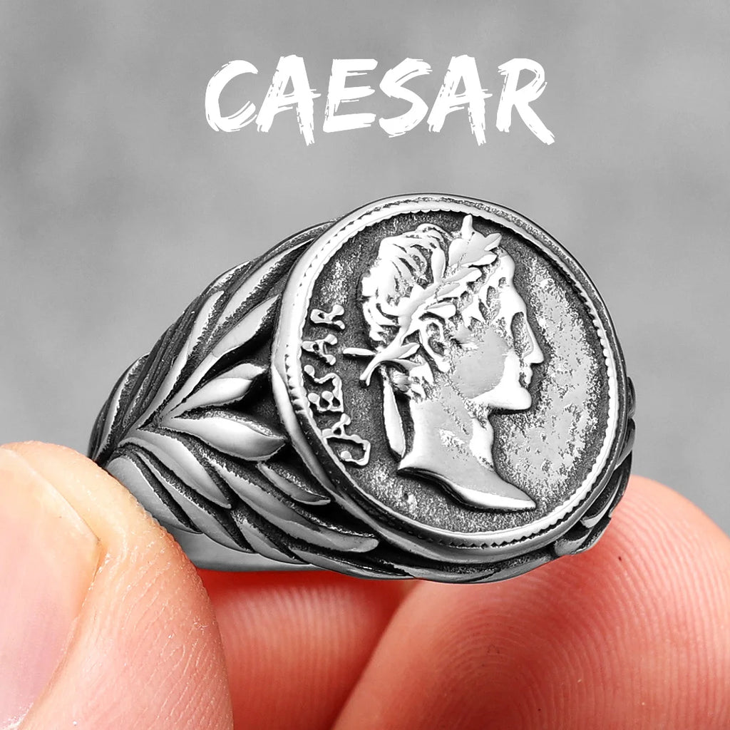 Anillo de cara César, anillos de acero inoxidable 316L para hombres, estatua de la victoria Roma, Punk Rock para motorista masculino, novio, joyería, regalo, triangulación de envíos