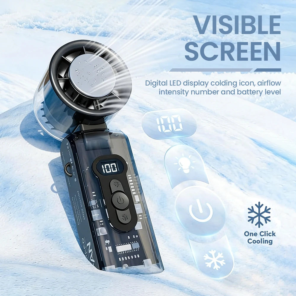 Mini Ventilador de Mano con Compresa de Hielo, Turbo Jet, 100 Velocidades Ajustables, Recargable por USB, Ventilador Portátil de Refrigeración, Ventilador Turbo para Cuello para Exteriores