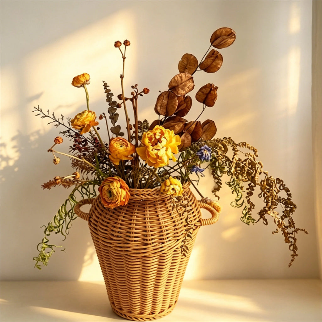 Jarrón de Ratán Tejido a Mano con Asas, Estilo Boho, Maceta Decorativa para Arreglos Florales de Interior y Decoración del Hogar